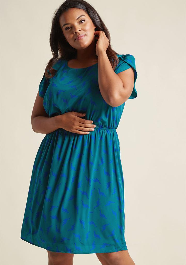 Modcloth Oh My Gosh A-line Dress In Pine Dinos In 4x
