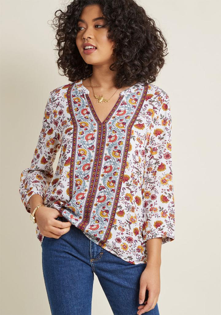 Modcloth Flawlessly Folkloric 3/4 Sleeve Top In Floral In L