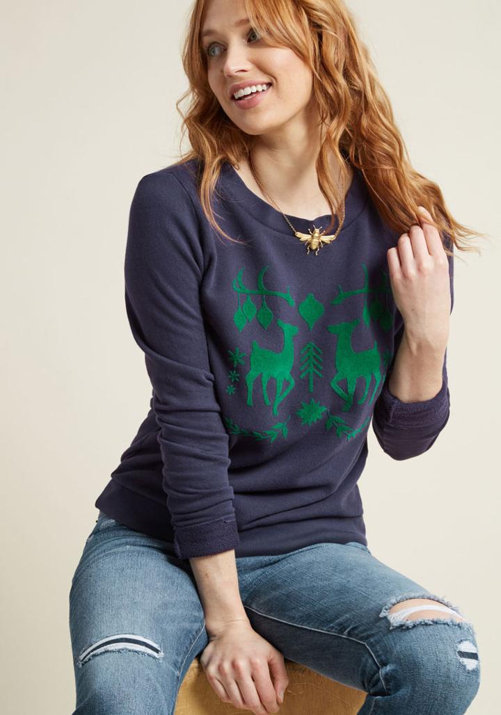 Modcloth Festively Flocked Deer Sweatshirt In Xl
