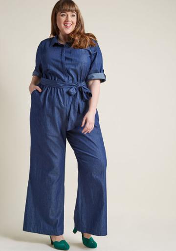 Modcloth Chambray Jumpsuit With Pockets And Sash In 4x