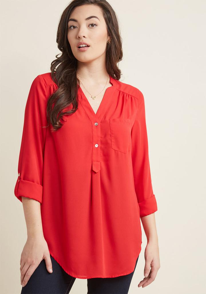 Modcloth Pam Breeze-ly Long Sleeve Tunic In Tomato In Xl