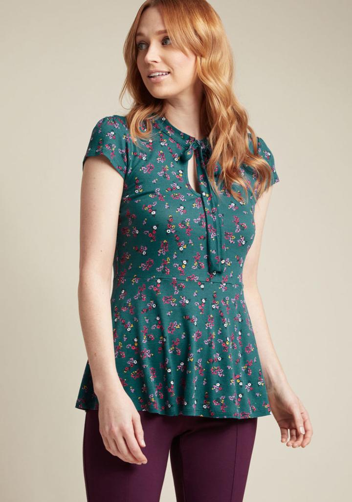 Modcloth Feeling Feminine Knit Top In Teal Floral In M