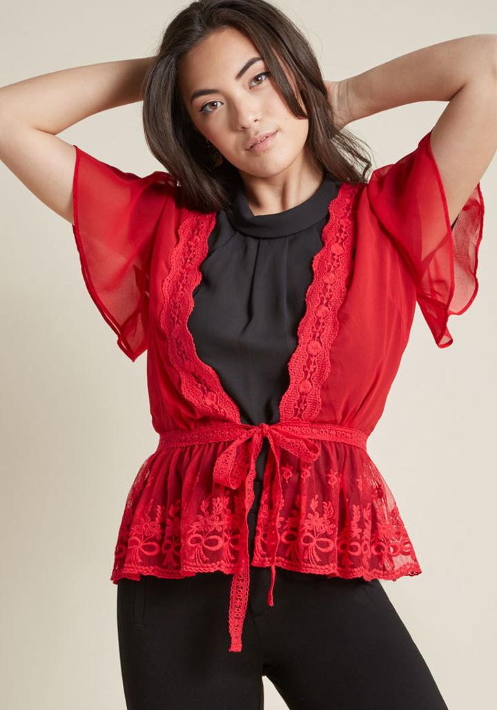 Modcloth To Quiche Their Own Lace Cardigan In Red In 2x