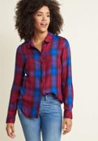 Modcloth Plaid Button-up Top With Round Collar In Blue In Xxs