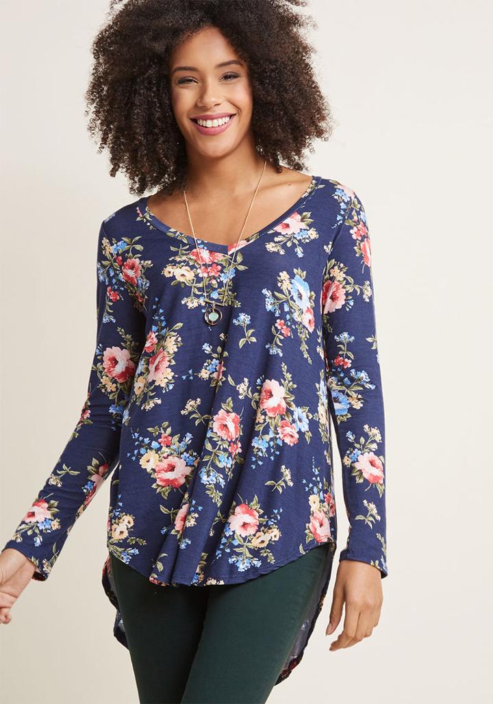 Modcloth Embracing Basic Long Sleeve Top In Navy Bloom In S