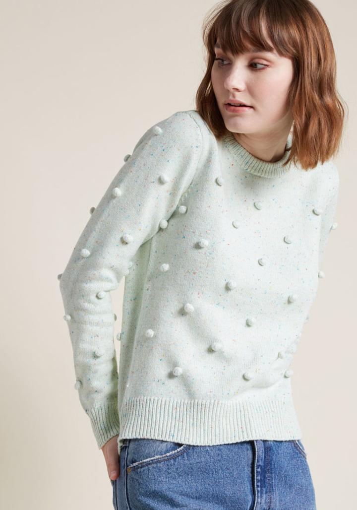 Mcs1137 Showcase Your Quirky Side In The Most Stylish Of Ways - By Slipping Into This Mint Sweater! Made Distinct By Its Confetti Flecks And Whimsical Pom-poms, This Modcloth Namesake Label Pullover Is As Peppy As You Are.