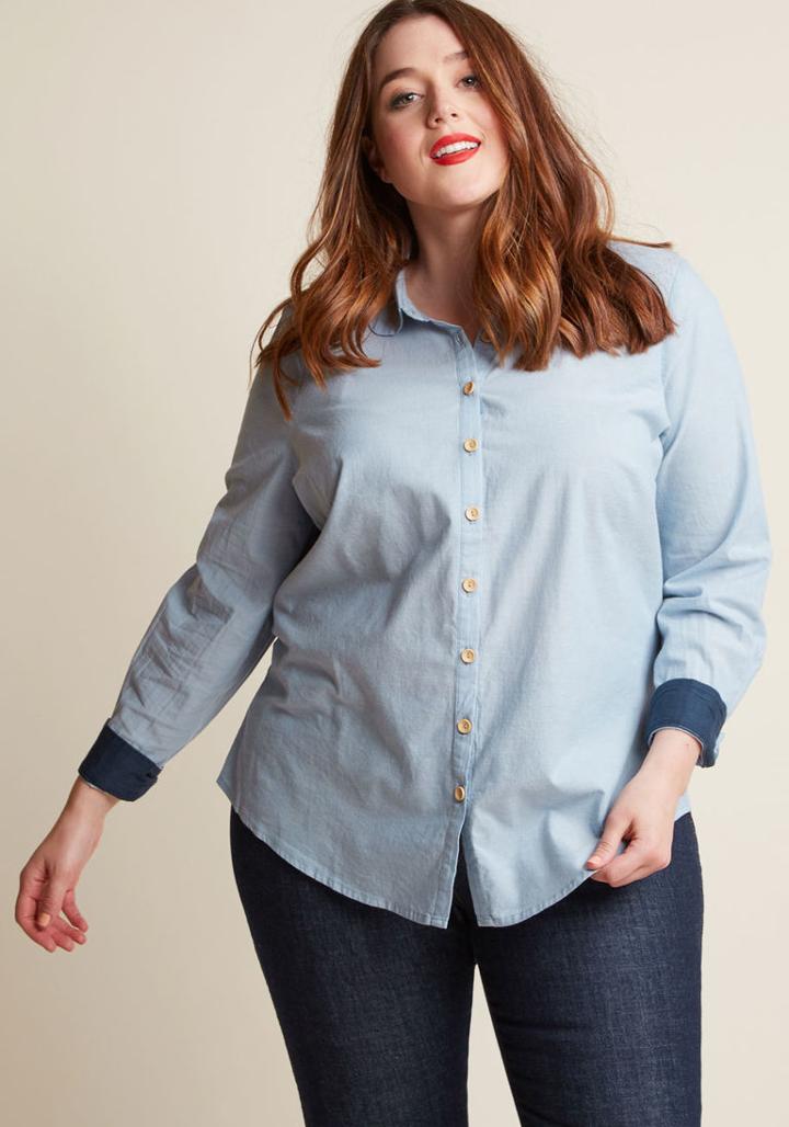 Modcloth Off To A Good Start-up Button-up Top In Mid Wash