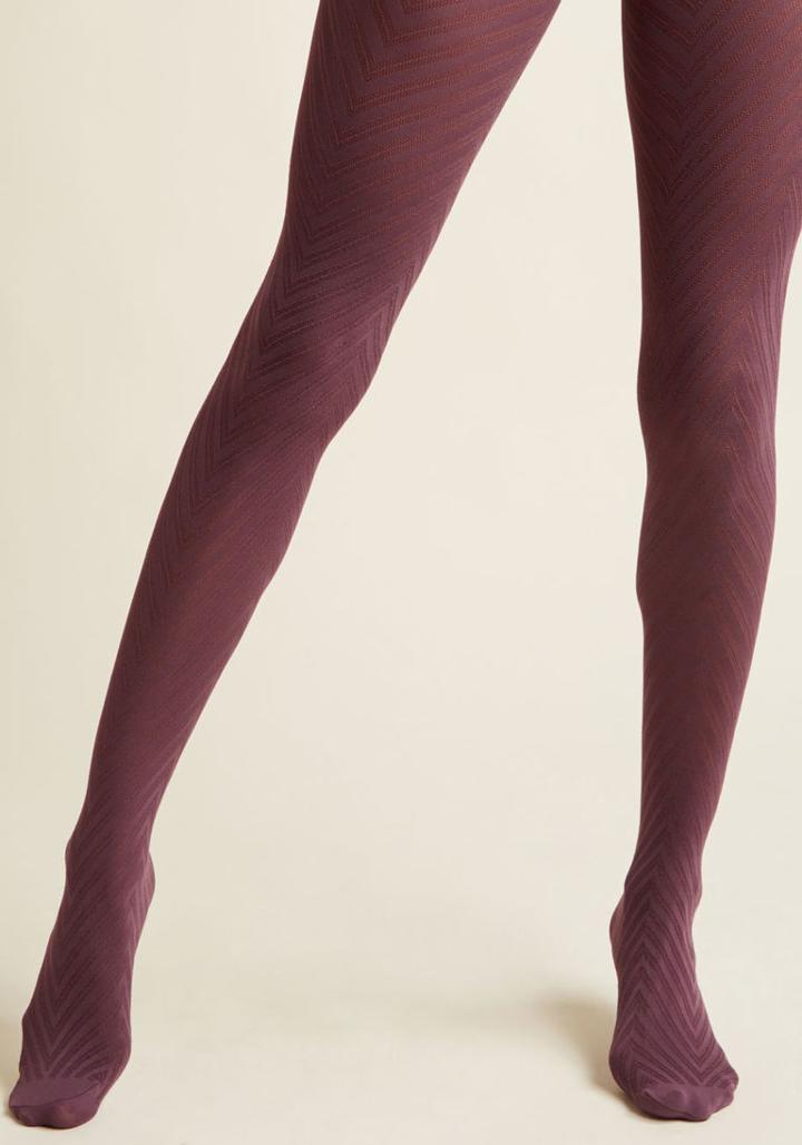1244 Make Your Entrance In These Chevron-striped Tights, And Guests Will Be Taking Notes On Your Spellbinding Style! Starring Sheer Panels And A Knit Silhouette, This Deep Purple Accessory Is Destined To Start A Trend.