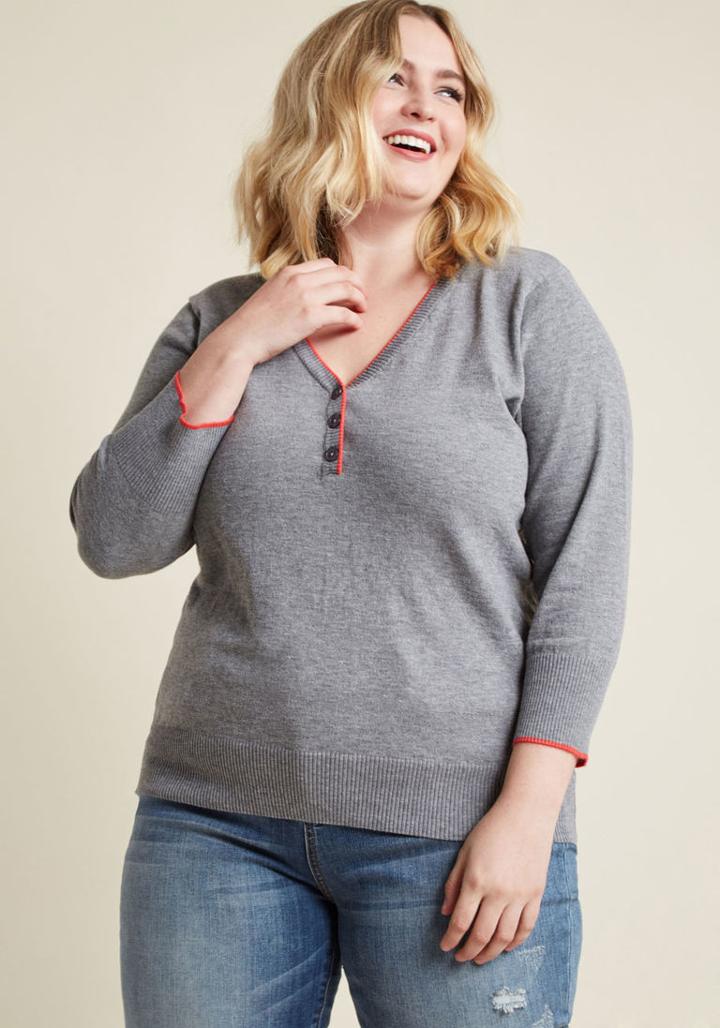 Modcloth Charter School Henley Sweater In Heather Grey In 1x