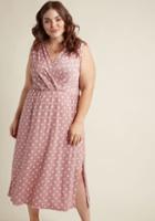  Combat The Blues Of Complex Commutes With The Energy This Mauve Dress Inspires! Practical For Long Flights With Its Wrinkle-resistant Knit Fabric, And Styled To Go From Aisle Seat To Afternoon Meeting With A Surplice Neckline And White-dotted Print, This