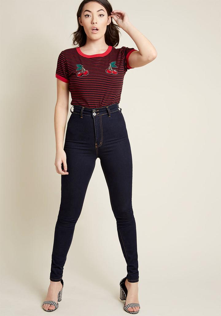 Modcloth Hell Bunny Chipper Cherries Striped T-shirt In S