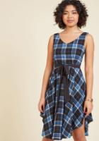 Modcloth The Dancer To Your Questions A-line Dress In Blue Plaid In 1x