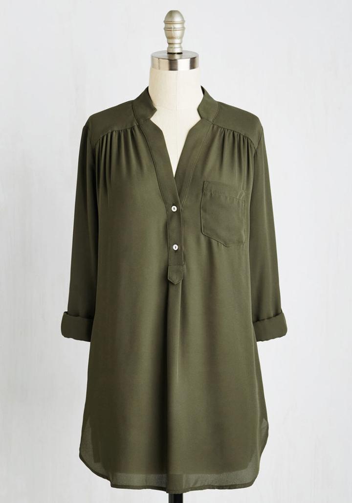 Modcloth Pam Breeze-ly Long Sleeve Tunic In Olive In M