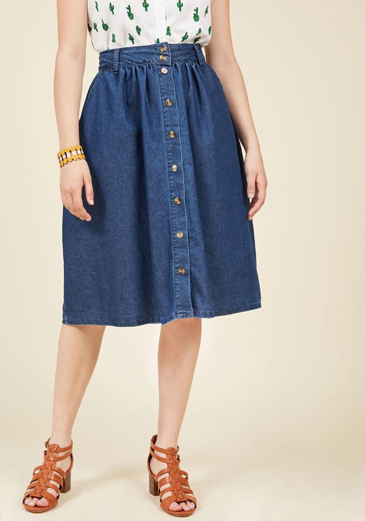 Modcloth Marvelously Midi Denim Skirt In Xxs