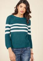 Modcloth Mind Over Alma Mater Striped Sweater In Teal In Xl