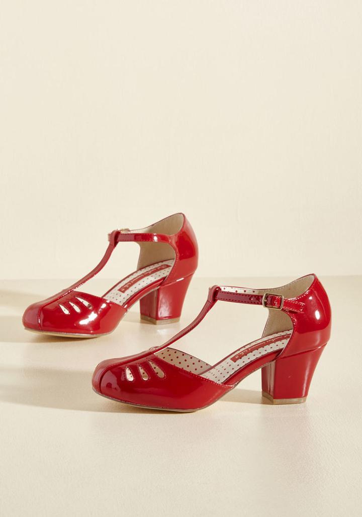 Baitfootwear Shimmer Down Now T-strap Heel In Cherry Gloss