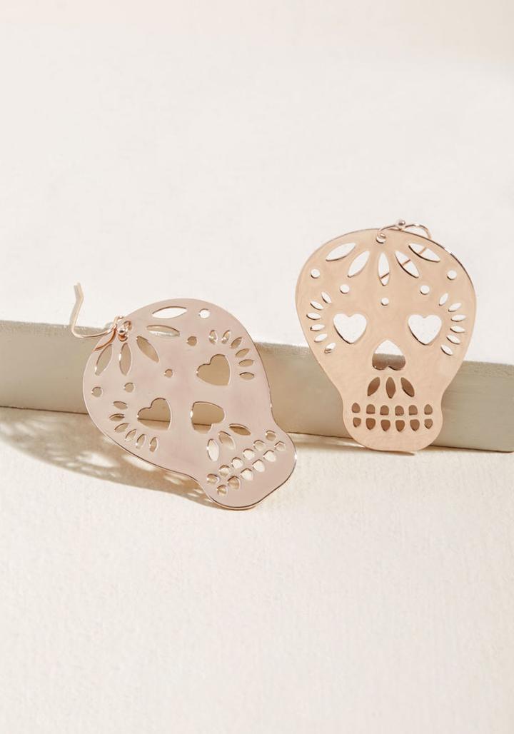 Modcloth Too Close To Skull Earrings In Rose Gold