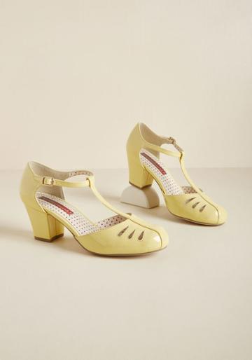 Baitfootwear B.a.i.t. Footwear Shimmer Down Now T-strap Heel In Lemon Gloss In 8.5