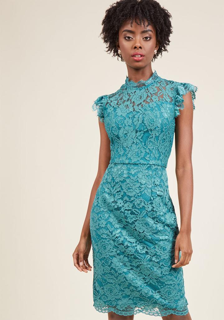 Modcloth Mock Neck Lace Sheath Dress In Jade In Xl