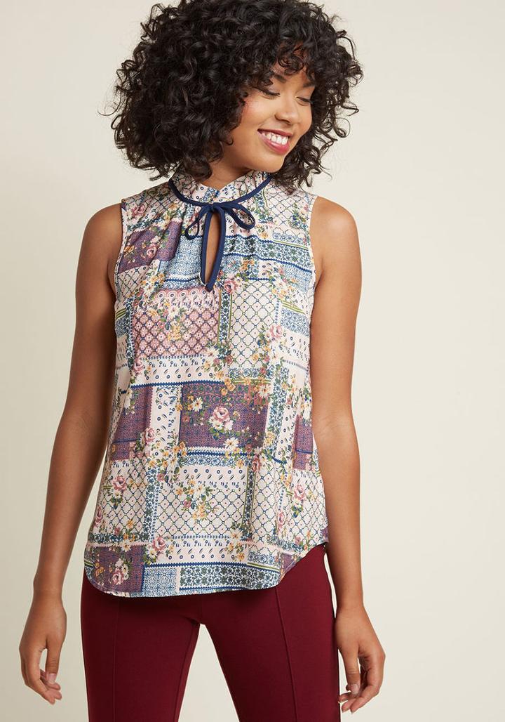 Modcloth Sleeveless Woven Tie-neck Top In Patchwork In Xxs