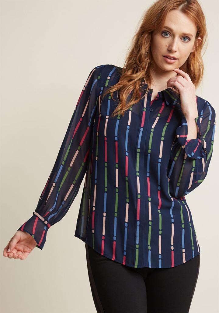Modcloth Sheer Button-up Top In Dashes In Xxs