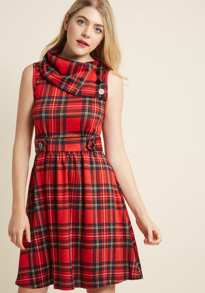 Modcloth Coach Tour A-line Dress In Crimson Plaid In 3x