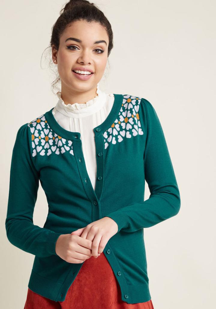 Modcloth Button-up Cardigan With Intarsia Flower Yoke In M