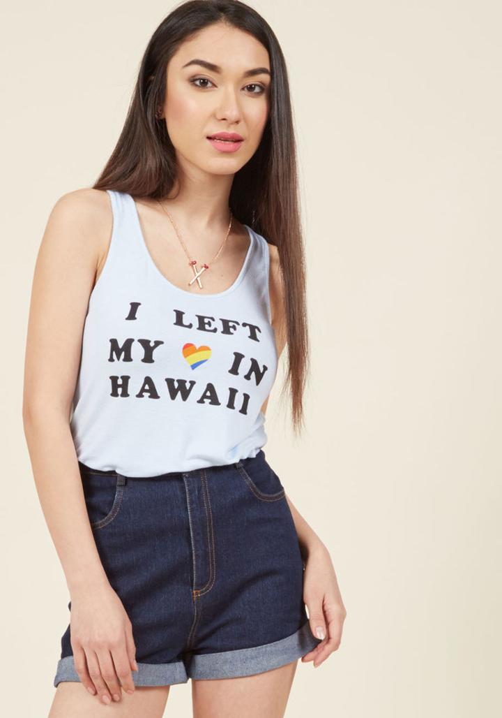  You Have A Tendency To Fall In Love With New Locales, And This Light Blue Tunic Tells Of Your Latest Excursion Crush! Below Its Scoop Neck, This Modcloth Exclusive's Black-and-rainbow Screen Print Shares How Your Heart Remains On The Islands.