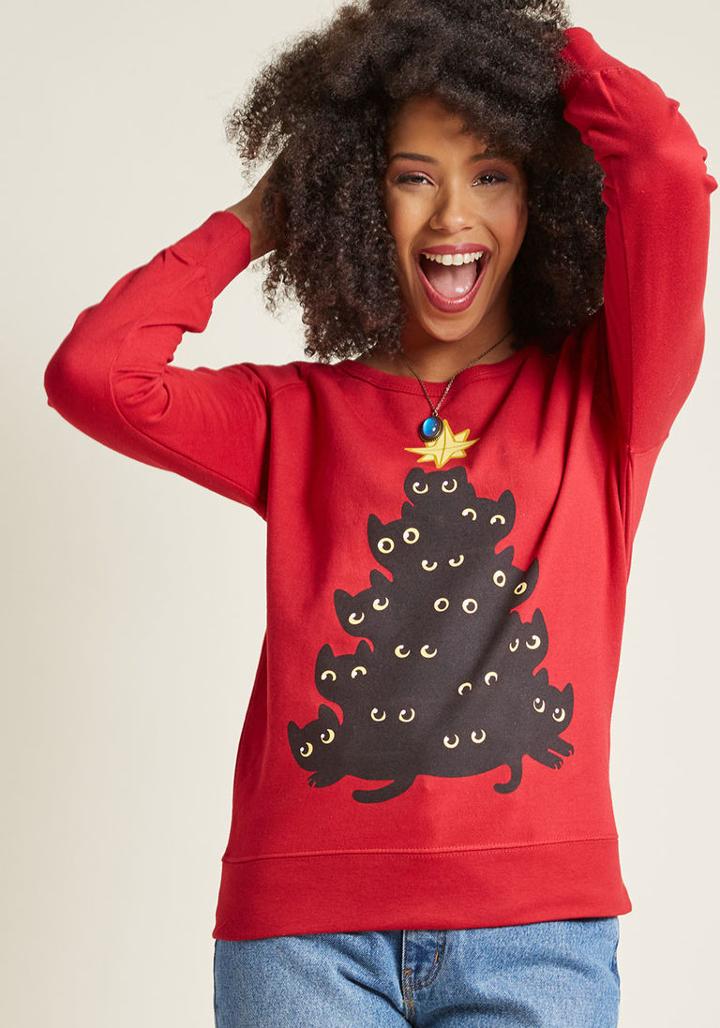 Modcloth Joyeux Meow Graphic Sweatshirt In S