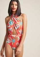 Modcloth Rooftop Pool One-piece Swimsuit In Red Floral In S