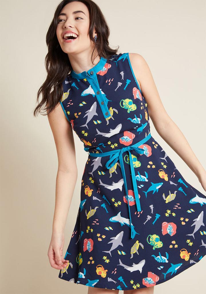 Modcloth Field Questions A-line Dress In Marine Life In 1x