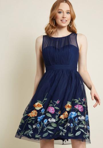 Modcloth Beautifully Abloom Fit And Flare Dress In Navy In 3x