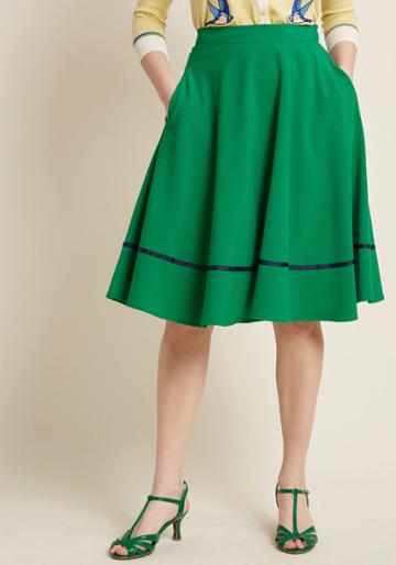 Modcloth Just This Sway Trimmed Midi Skirt In Green Stripe In Xs