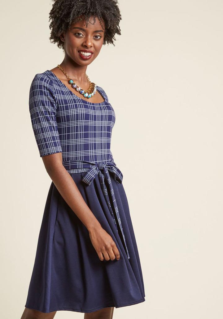 Modcloth In The Very Near Twofer A-line Dress In Navy Grid
