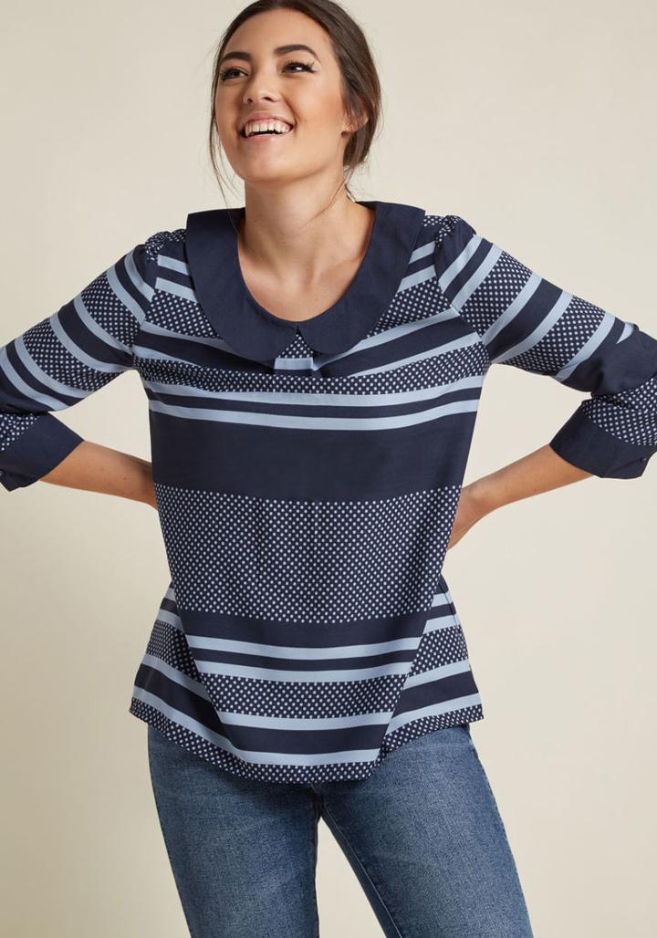 Modcloth 3/4 Sleeve Blouse With Peter Pan Collar In Navy In S