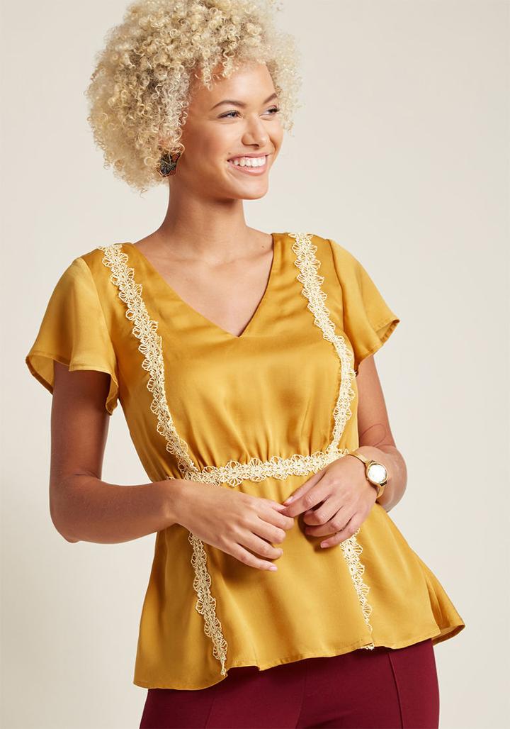 Modcloth Peplum Top With Needlepoint Appliques In M