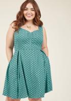 Modcloth Retro Glow Pin-up A-line Dress In Dotted Teal In Xs