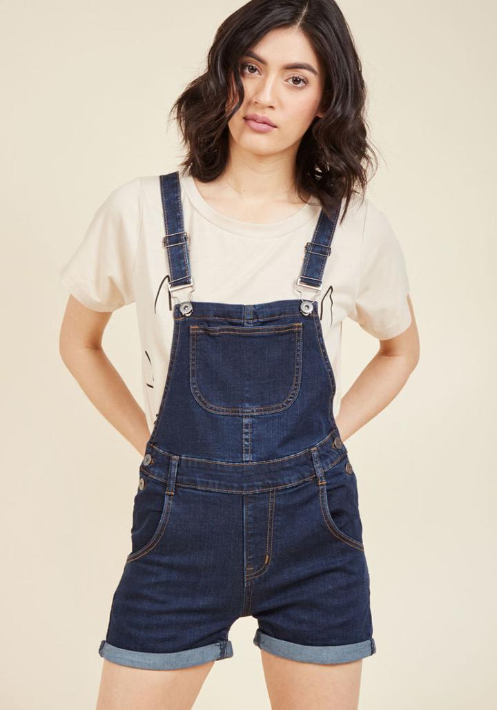 Modcloth Make Shortall Work Of It Denim Romper In Dark Wash