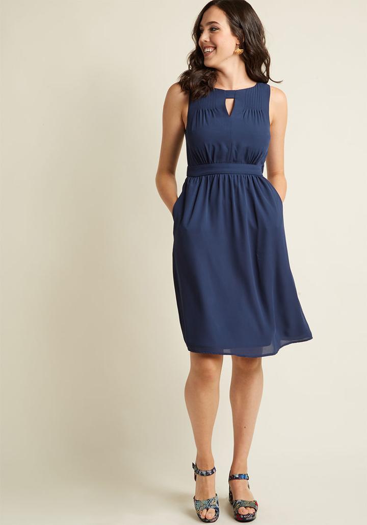 Modcloth Chiffon Keyhole A-line Dress With Pockets In Navy