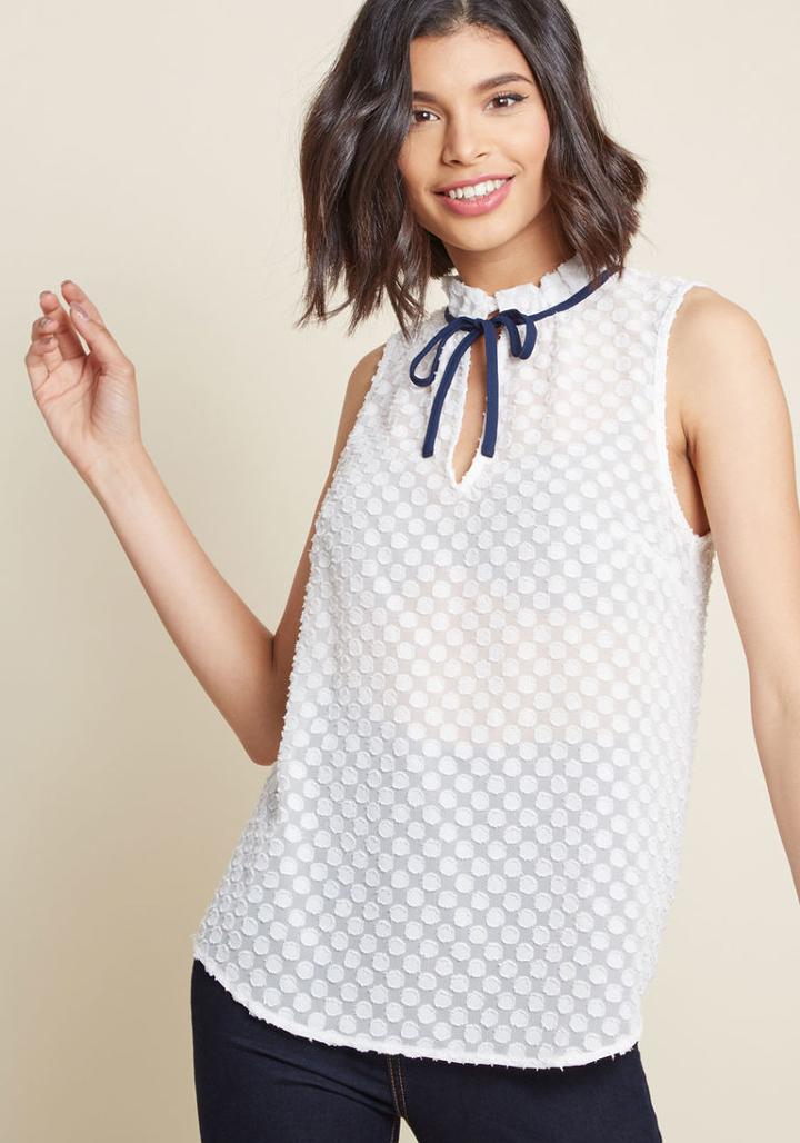 Modcloth Sleeveless Woven Tie-neck Top In Dotted White In 3x