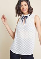 Modcloth Sleeveless Woven Tie-neck Top In Dotted White In 3x