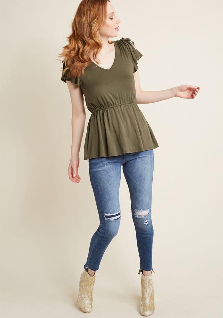 Modcloth Feeling Fluttery Peplum Top In Olive In 4x