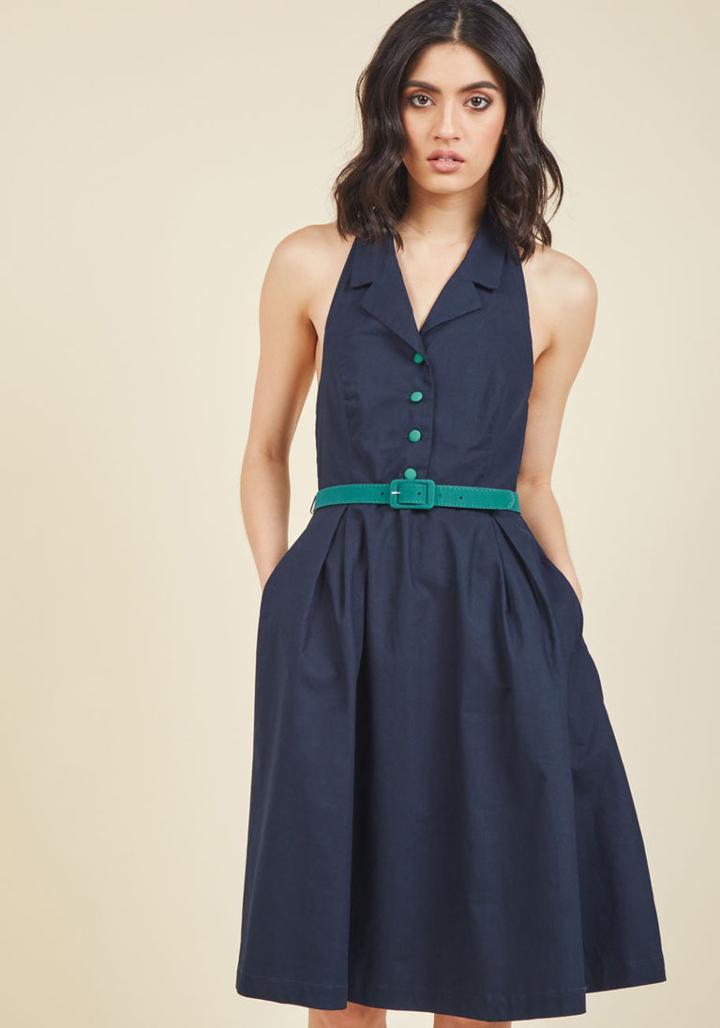 Modcloth Genuine Genius Halter Shirt Dress In Navy In M