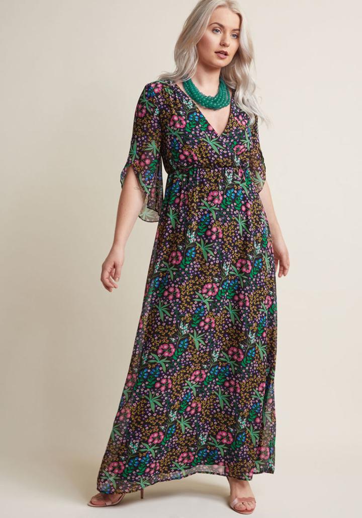 Modcloth Chiffon Maxi Dress With 3/4 Sleeves In Black Floral In 1x