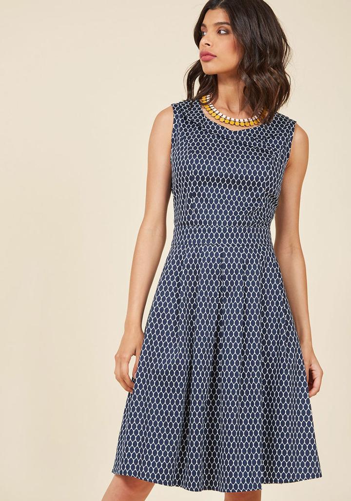 Modcloth Retro Sentiment Cotton A-line Dress In Navy Net