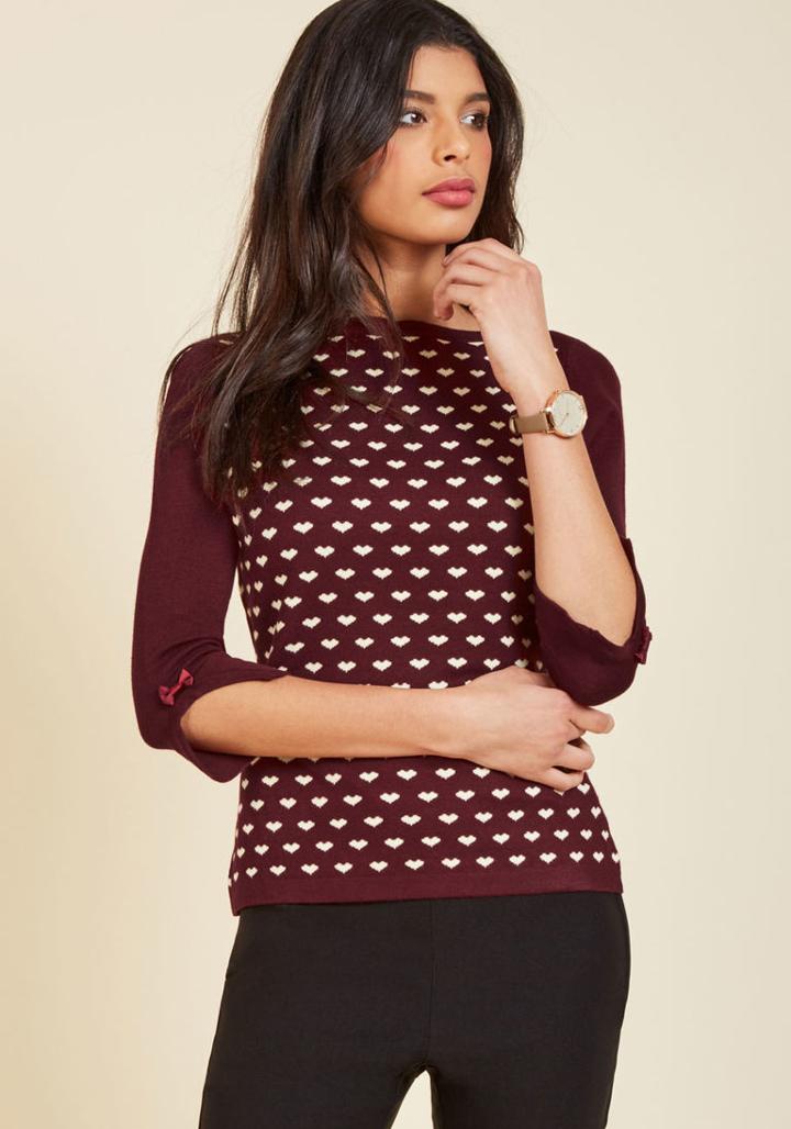 Modcloth Up To Parisienne Sweater In Merlot Hearts
