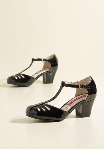 Shimmer Down Now T-strap Heel In Black Gloss In 6