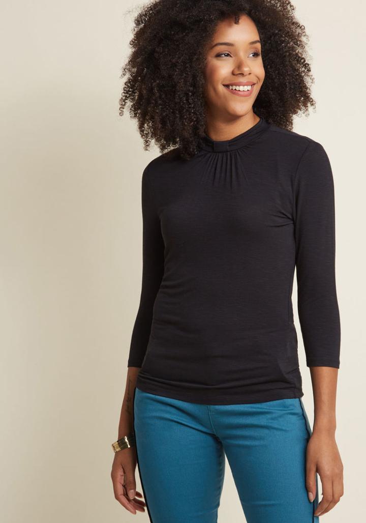 Modcloth 3/4 Sleeve Top With Knot Neckline In Black In Xs