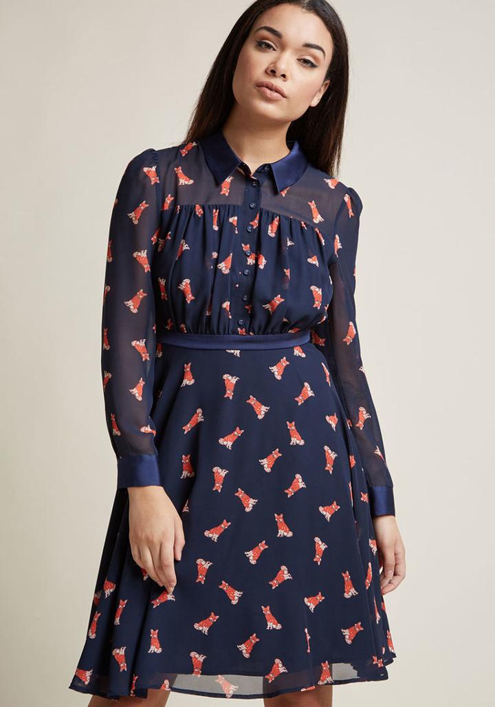 Modcloth Long Sleeve Chiffon Shirt Dress In Foxes In 3x