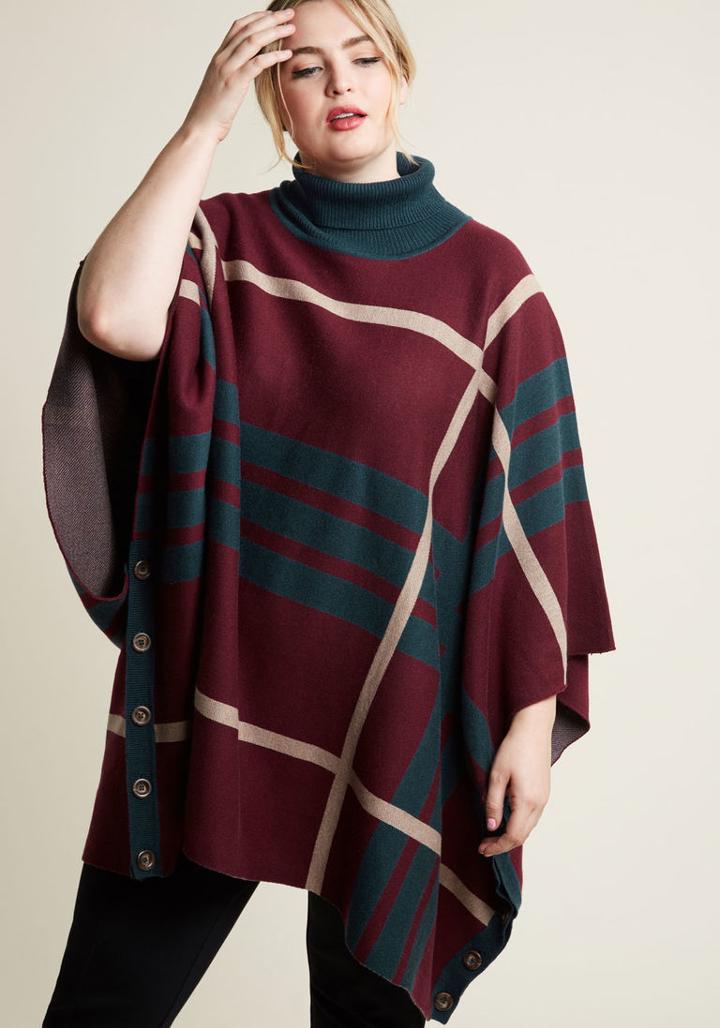 Modcloth Warm Plaid Poncho With Turtleneck In S/m